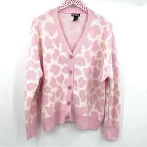 Hot Topic Cardigan Women’s XL Oversized Heart Leopard Pink Sweater Boxy‎ Cozy